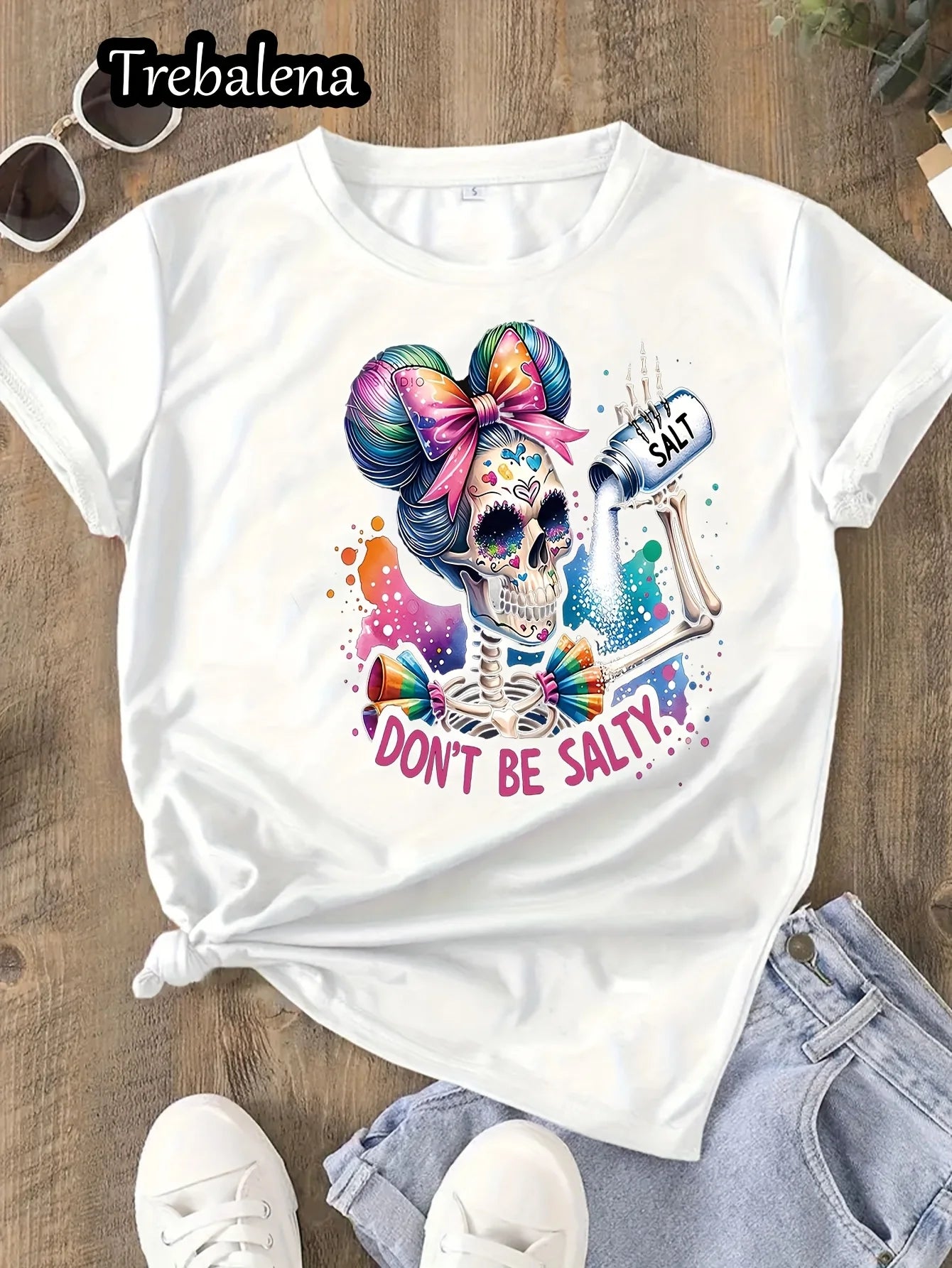 Women's Casual Crew Neck T-Shirt - Colorful Sugar Skull & "Don't Be Salty" Slogan Graphic Regular Length Machine Washable