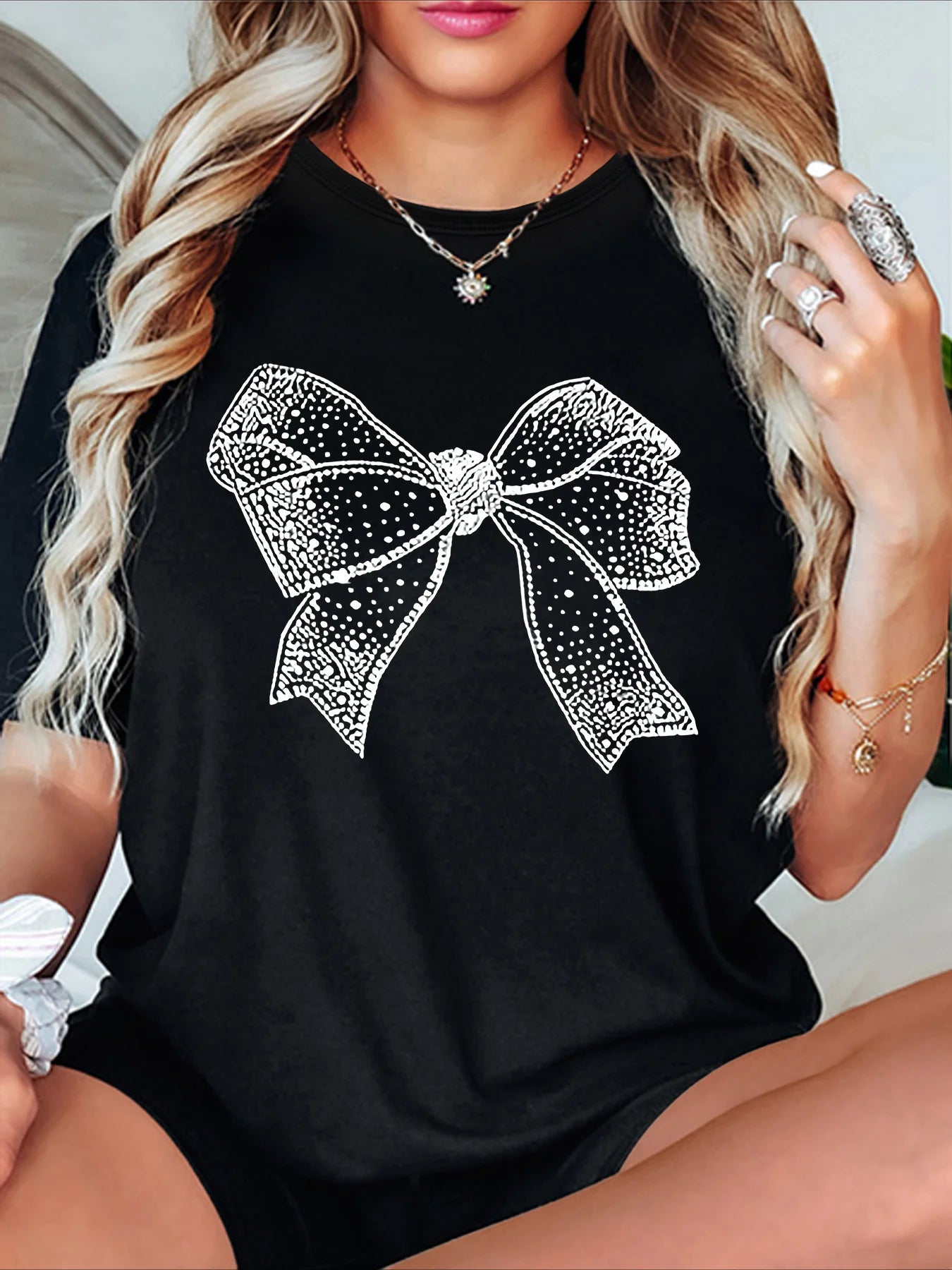 Women's Casual Crew Neck T-Shirt with White Bow Print Soft Polyester Fabric Medium Stretch All-Season Top Machine Washable