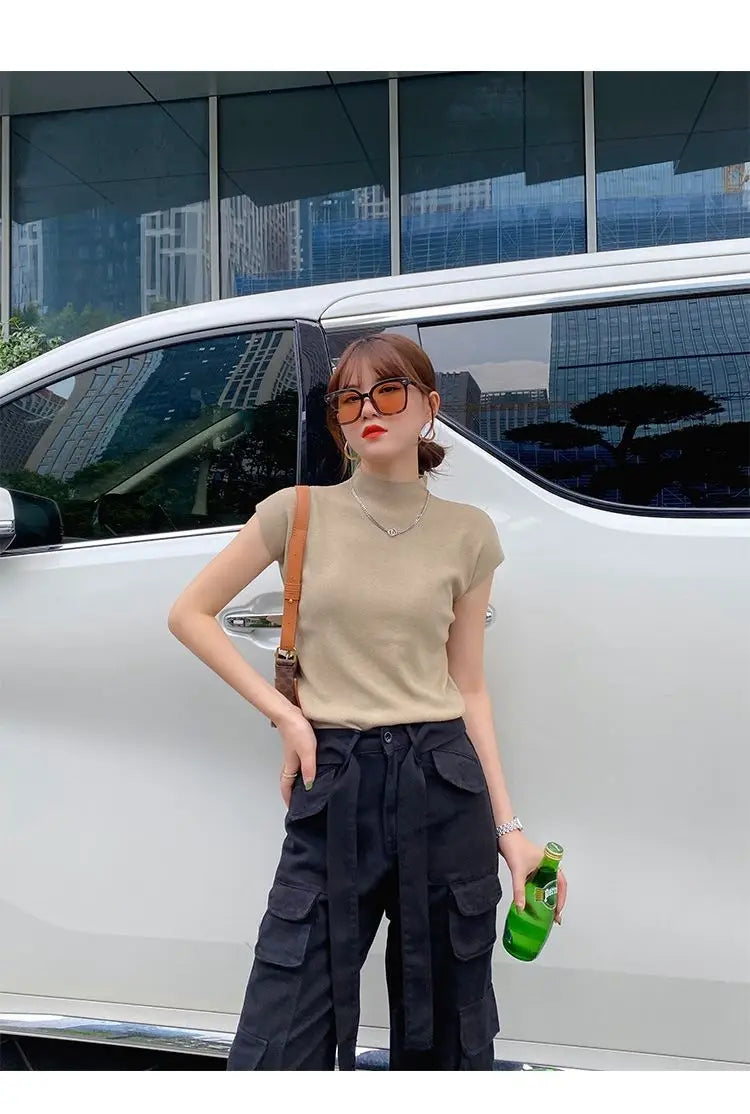 Crew Neck Fashion Women T Shirt Street Casual Knitted T-Shirt Solid Top Tees Sexy Slim Summer Short Sleeve Women's Clothing
