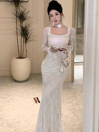 Women Korean Fashion Chic Luxury Evening Dress Autumn Winter White Lace Diamond Square Collar Dress 2025 Elegant Mermaid Dresses