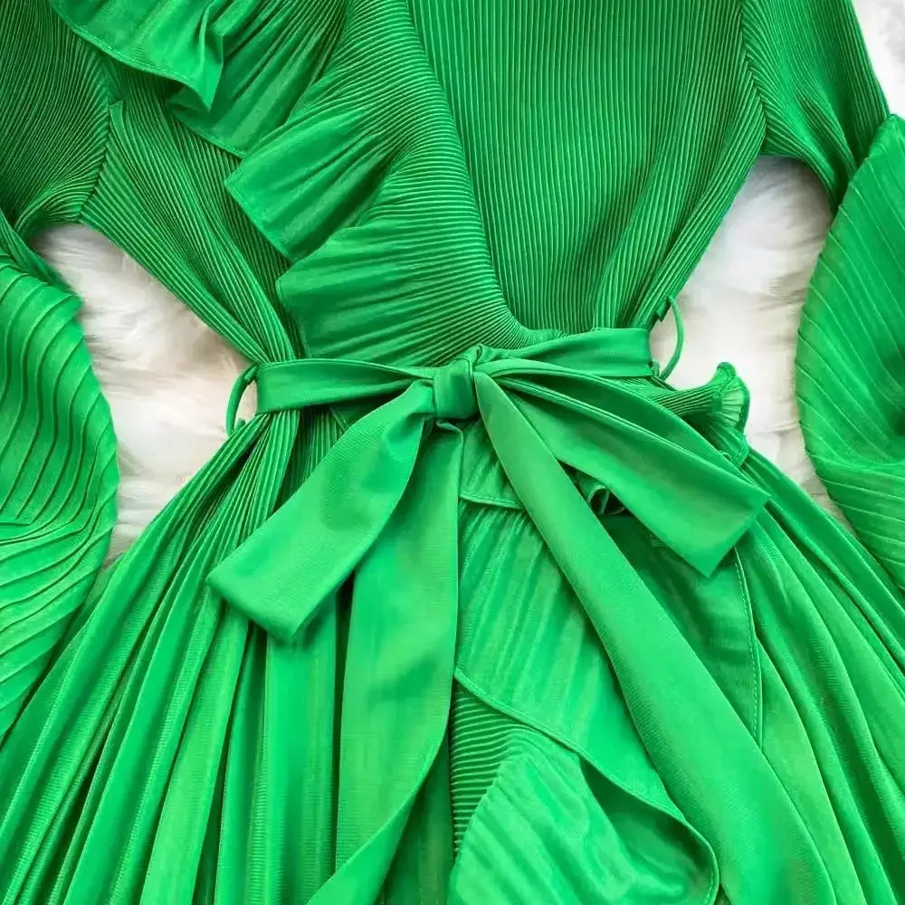 Women's V Neck Ruffles Splice Lantern Sleeve High Stretch Oversized Dresses Miyake Maxi Pleated 2025 Spring Long Party Clothing