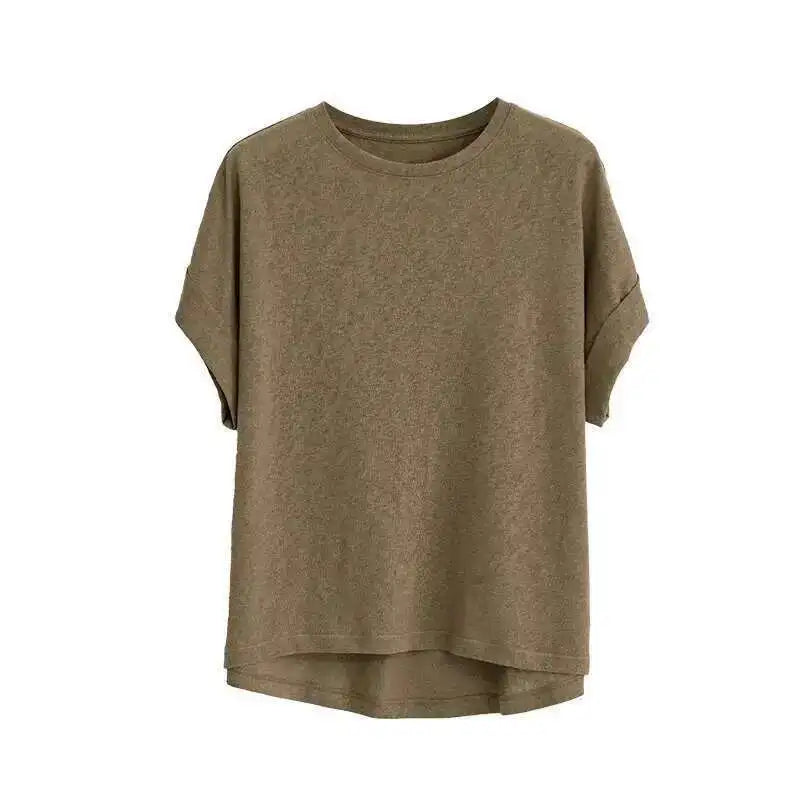 Summer Women Cotton Linen T-shirt Round Neck Thin Short-sleeved Transparent Loose Bottoming T-shirts Tops