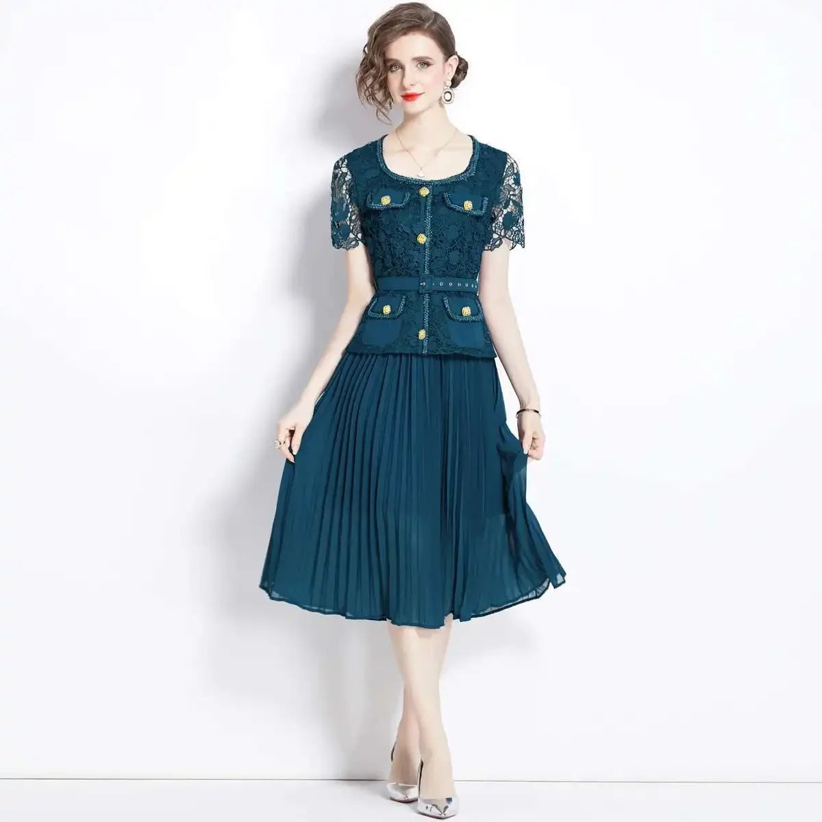 Luxury Evening Dress Women Summer Vacation Short Sleeve Pleated Lace Chiffon Long Dresses White Single Breasted Midi Party Robe