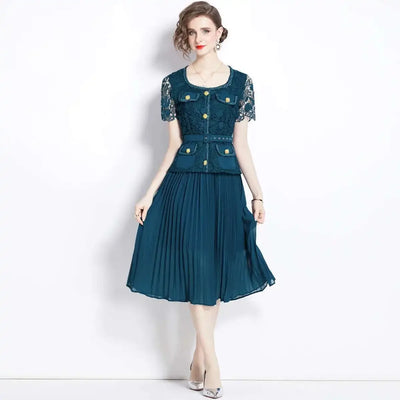 Luxury Evening Dress Women Summer Vacation Short Sleeve Pleated Lace Chiffon Long Dresses White Single Breasted Midi Party Robe