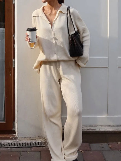 2025 Autumn Street Outfits Knitted Cardigan Pants Sets Women Single Breasted Lapel Sweater High Waist Wide Leg Trousers Suit