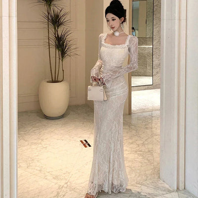 Women Korean Fashion Chic Luxury Evening Dress Autumn Winter White Lace Diamond Square Collar Dress 2025 Elegant Mermaid Dresses