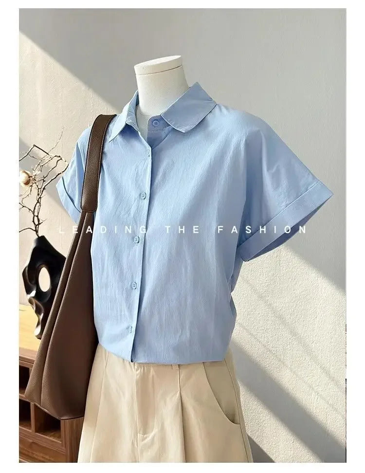 Women Clothing Summer Fashion Casual Button Solid Color Polo Collar Female Simplicity Temperament Appear Thin Short Sleeve Tops