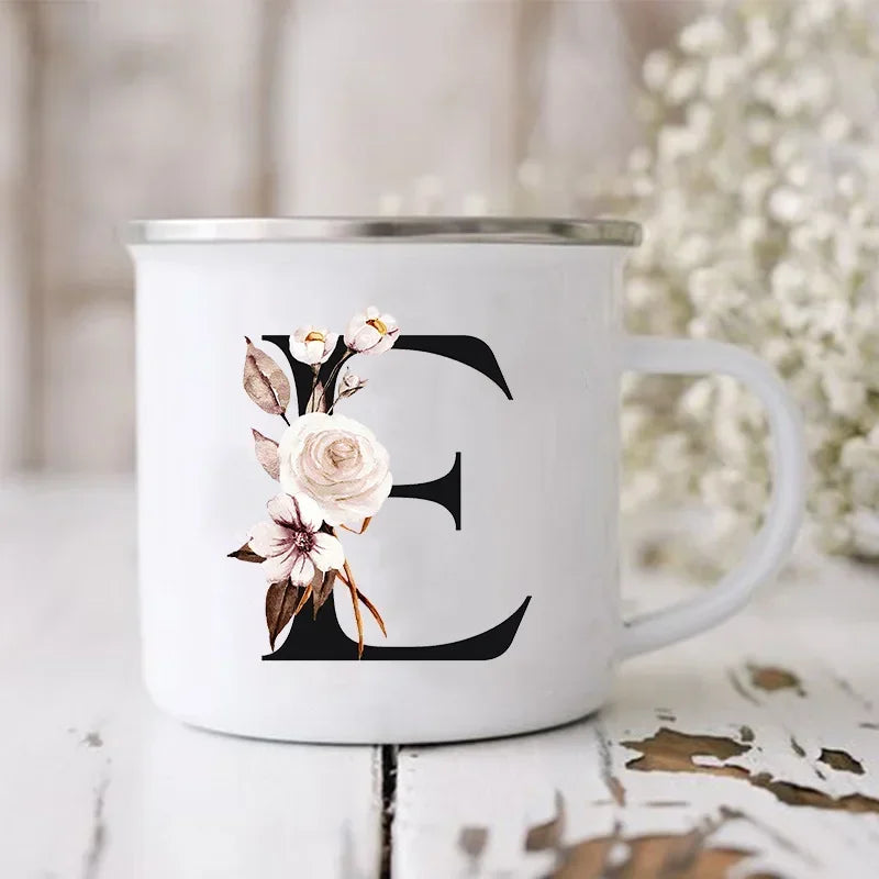 Initial Letter Print Mugs Enamel Creative Coffee Cups Drinks Wine Juice Milk Cup Vintage Home Office Handle Drinkware Best Gifts