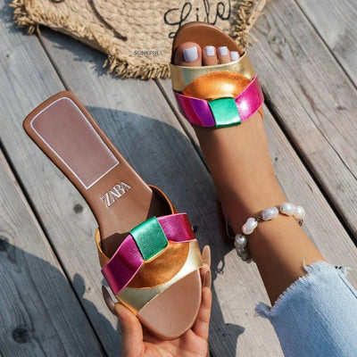 Designer Woman Flat New Slippers Woven with Comfortable Women's Shoes Casual Bottom Slippers Women's Shoes Summer