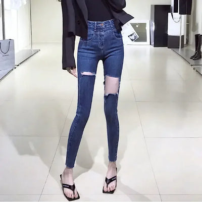 Skinny Pencil Slim Fit Women's Ripped Jeans 90s South Korea Cheap Summer Cowboy Pants for Woman Korean Fashion Xxl Torn Trousers