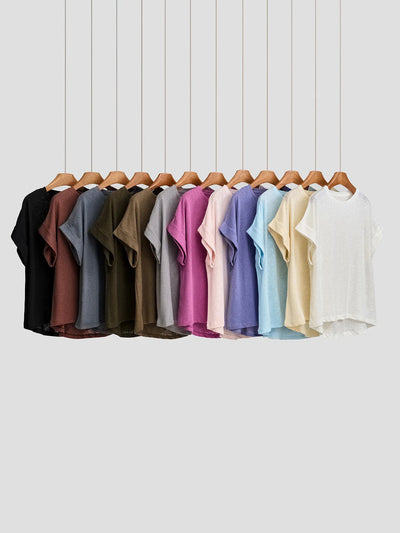 Women T Shirt Short Sleeve Cotton Linen Tops Crew Neck Oversize Dolman Plain Tees Spring Summer