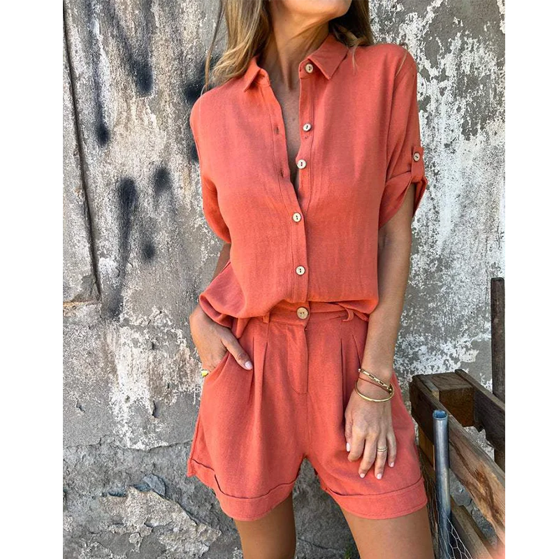 Women Casual Two Piece Outfits Short Sleeve Button Down Oversized Shirts and Drawstring Shorts Sets Summer Loungewear Streetwear