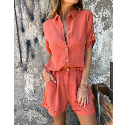 Women Casual Two Piece Outfits Short Sleeve Button Down Oversized Shirts and Drawstring Shorts Sets Summer Loungewear Streetwear