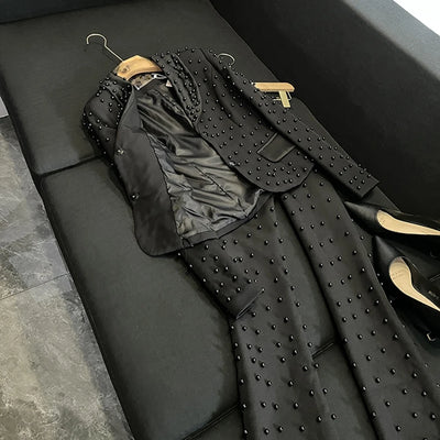 TWOTWINSTYLE Spliced Pearl Solid Two Piece Sets For Women Lapel Long Sleeve Top High Waist Pants Elegant Set Female KSE534390