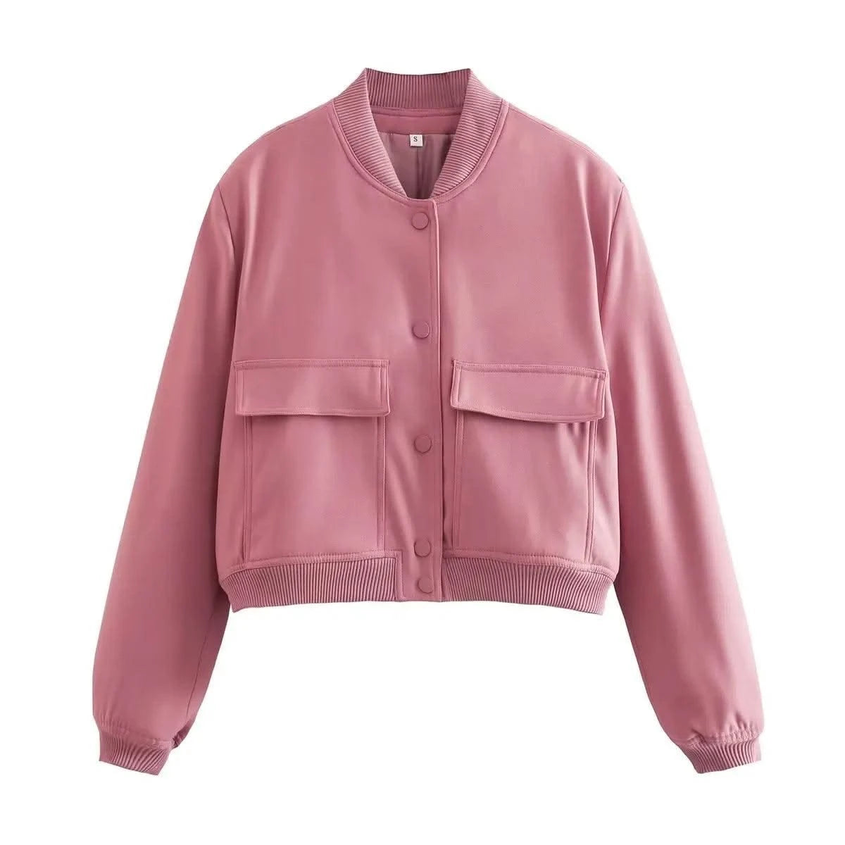 Women Fashion Solid Bomber Jackets Coat With Pockets V-Neck Single Breasted