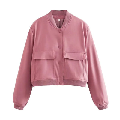 Women Fashion Solid Bomber Jackets Coat With Pockets V-Neck Single Breasted