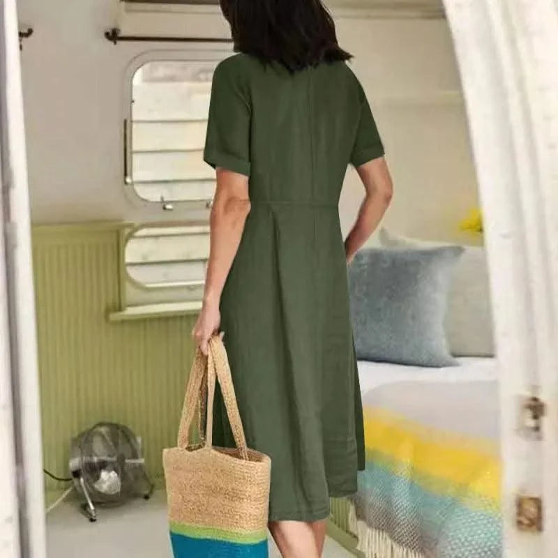 Women's Summer Casual Cotton Linen Midi Dress White  Loose Elegant Green Dresses Vestidos Платье С Декольте Jupe Longue Femme