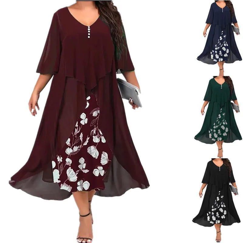 Summer Plus Size Dresses For Women New Casual Patchwork Flower Print Long Sleeve Dress Retro Elegant Female Dresses