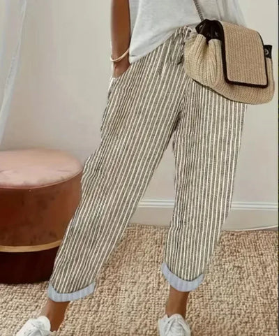 2025 New Women's Trousers Stripes Casual Loose Fashion Elastic Waist Pocket Straight Basic Pants