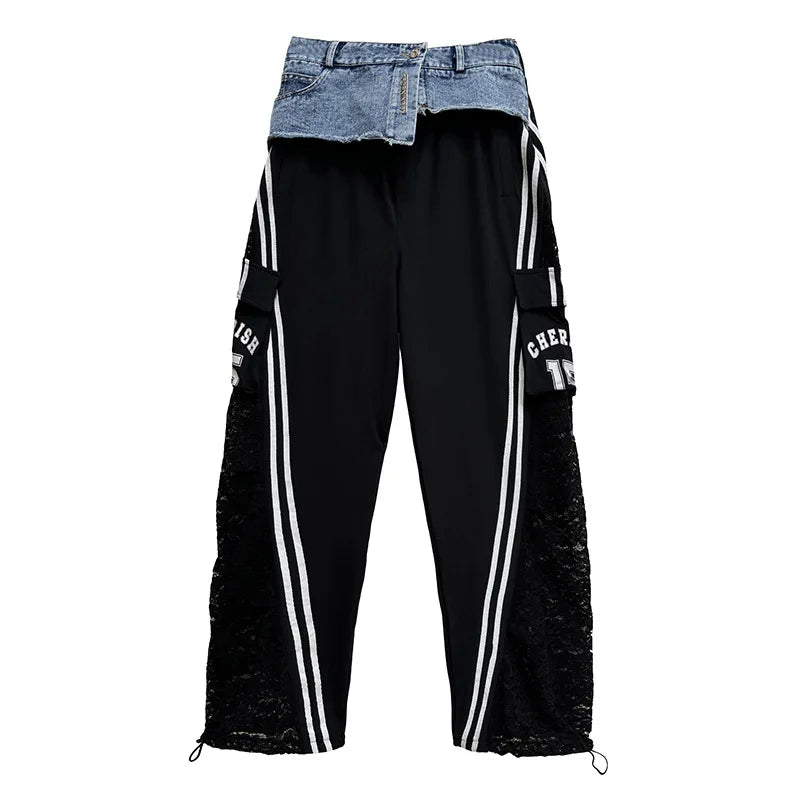Wide Leg Pants Women Floor Length Patchwork Lace Denim Stripe Print High Waist Multiple Pockets 2025 Streetwear Cargo Trousers