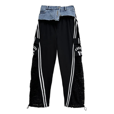 Wide Leg Pants Women Floor Length Patchwork Lace Denim Stripe Print High Waist Multiple Pockets 2025 Streetwear Cargo Trousers