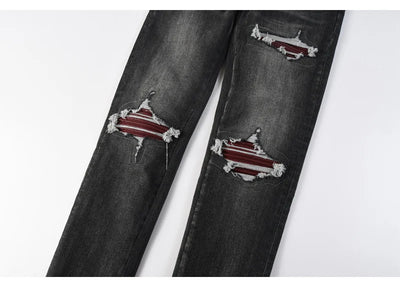 Fashionable new men's jeans with pleats, washed water, nostalgic perforations, red patches, men's black and gray jeans, high str