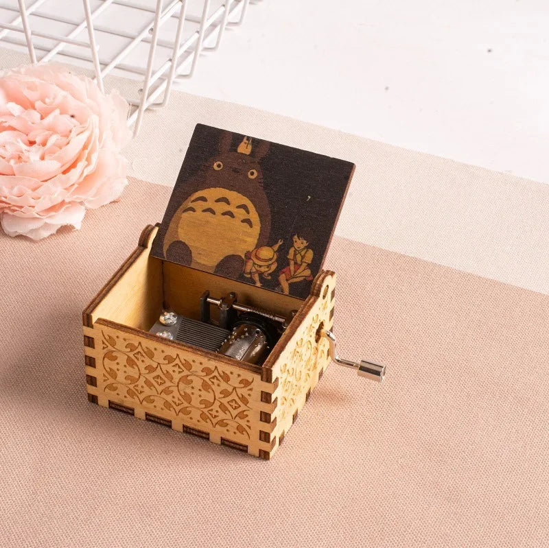 Wooden painted music box, Totoro music gift, ornament, light luxury wooden hand cranked music box