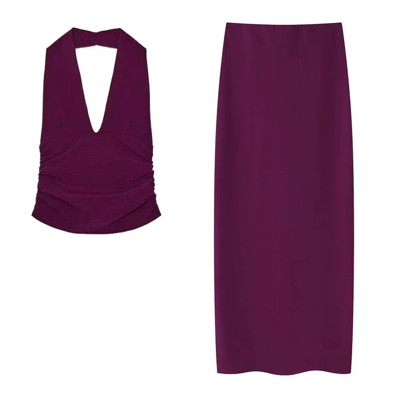 Women's Two Pieces Set Sexy Backless Halter Top Summer Set Woman Slit High Waist Skirt Set Elegant Women 2 Piece Set 2025