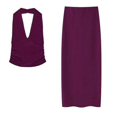 Women's Two Pieces Set Sexy Backless Halter Top Summer Set Woman Slit High Waist Skirt Set Elegant Women 2 Piece Set 2025