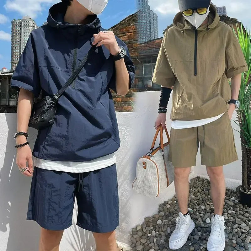 Summer Sweatsuit Sets Men Casual Hoodie T-shirt Short Sleeve Quick Dry Shorts Sports Suits Summer Outdoor Thin Cool Workwear Set