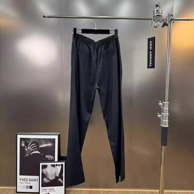 VGH Chic Spliced Metal Buckles Two Piece Set for Women Lapel Long Sleeve Top High Waist Patchwork Drawstring Pants Suit Female