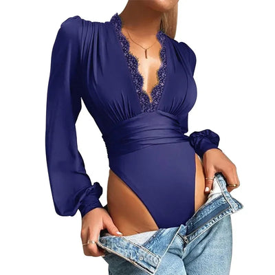 Sexy Lace Applique Long Sleeve Women Bodysuit Mesh Bodysuits Deep V Neck Backless Leotard Tops Female Basic Tops