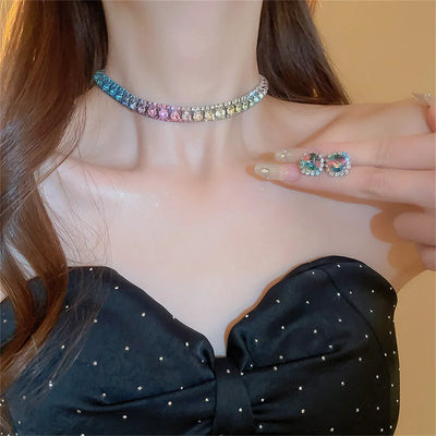 Luxury Crystal Necklace Earrings Set Pink ABcolourful Necklace for Women Weddings Party Jewelry Sets Accessories