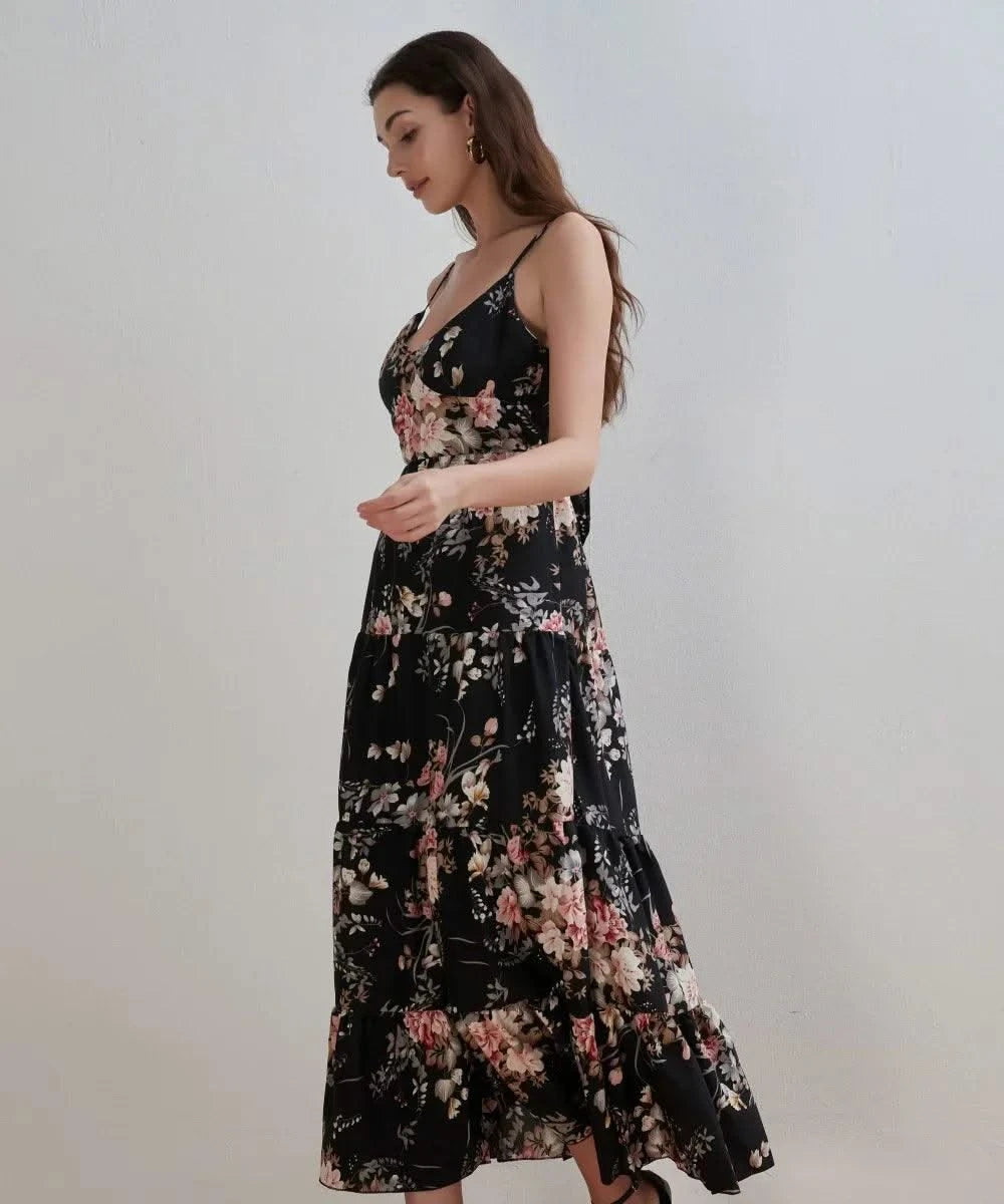 Women's Summer Black Floral V Neck Sleeveless Backless Halter Dress Fashion Elegant Sexy Bow Tie Black Backless Party Dresses