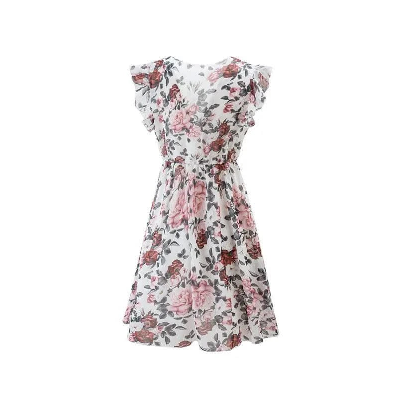 Summer Floral Print Dress For Women New Sleeveless Round Neck Dress Ruffled Short Sleeve Chiffon Print Short Dress For Women