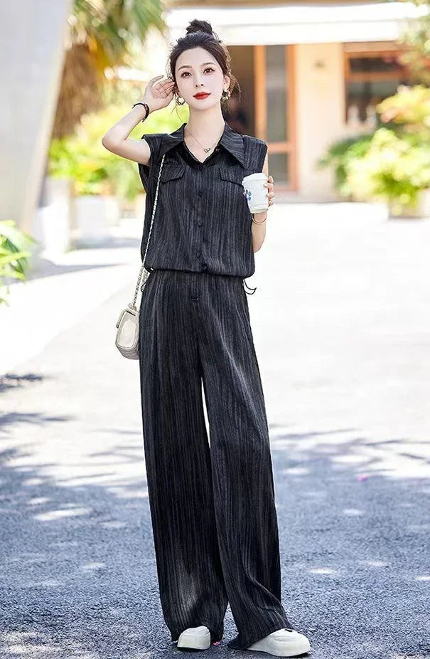 Wear To Work Shirt Ladies Trouser Black Women's Blouse and Pants Two Piece Set Professional Wide Leg Office Baggy Stripe Outfit