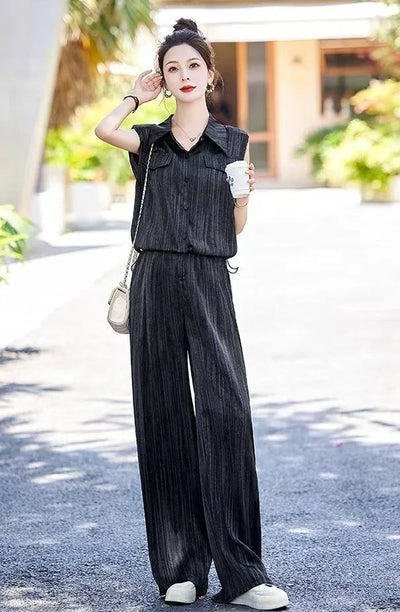 Wear To Work Shirt Ladies Trouser Black Women's Blouse and Pants Two Piece Set Professional Wide Leg Office Baggy Stripe Outfit