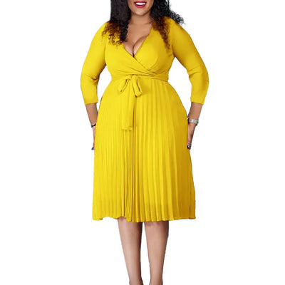 Elegant Office Dresses for Women Professional V Neck Full Sleeve Sashes Pleated Mid Calf Formal Business Work Wear Dress Midi OL
