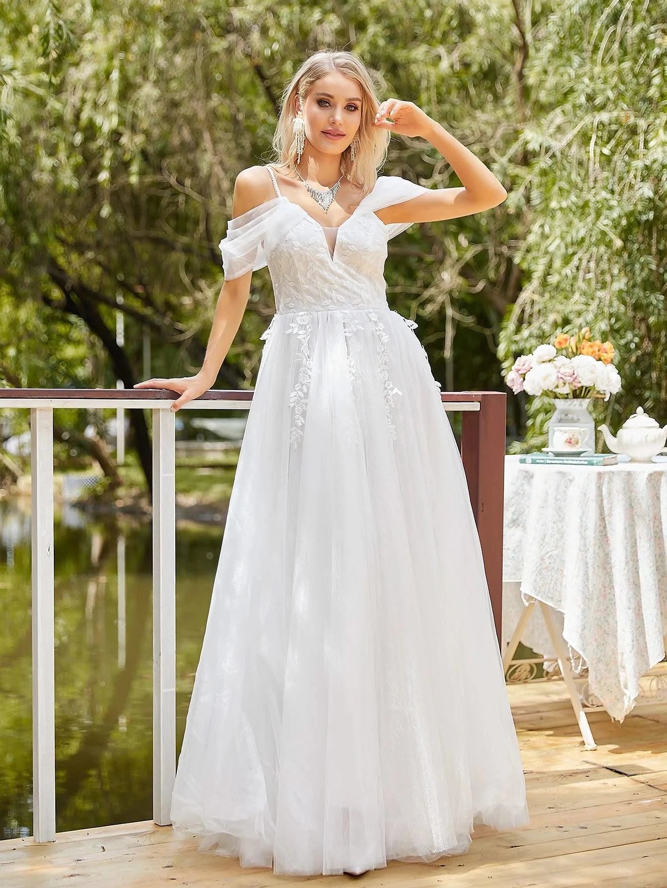 Church Wedding Dress Embroidered Floral Tulle Bridal Gown