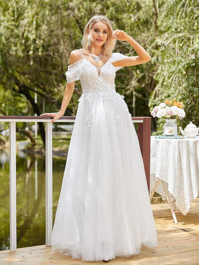 Church Wedding Dress Embroidered Floral Tulle Bridal Gown
