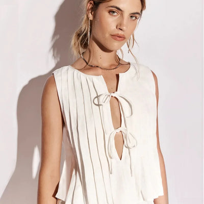 Fashion Bow Lace Up Shirts Women Cotton Linen Hollow Out Sleeveless Pleated Blouses Woman 2025 Summer New Casual Lady White Tops