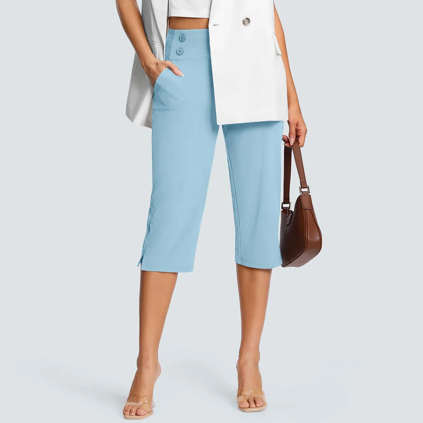 Women Elastic High Waist 3/4 Pant Casual Active Fit Wide Capris Leg Pants Trousers With Pockets Pants Woman брюки женские