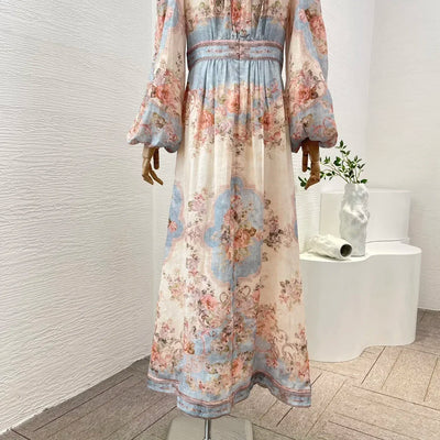 New High Quality Linen Elegant Long Lantern Sleeve Floral Print Waist Women Re-tro Midi Dress