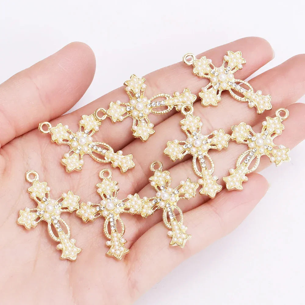 Mixed 10Pcs Pearl Zircon Cross Charms Crucifix Pendant Jewelry Making Supplies Diy Luxury Necklaces Earrings Accessories Gift