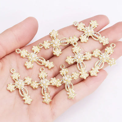 Mixed 10Pcs Pearl Zircon Cross Charms Crucifix Pendant Jewelry Making Supplies Diy Luxury Necklaces Earrings Accessories Gift