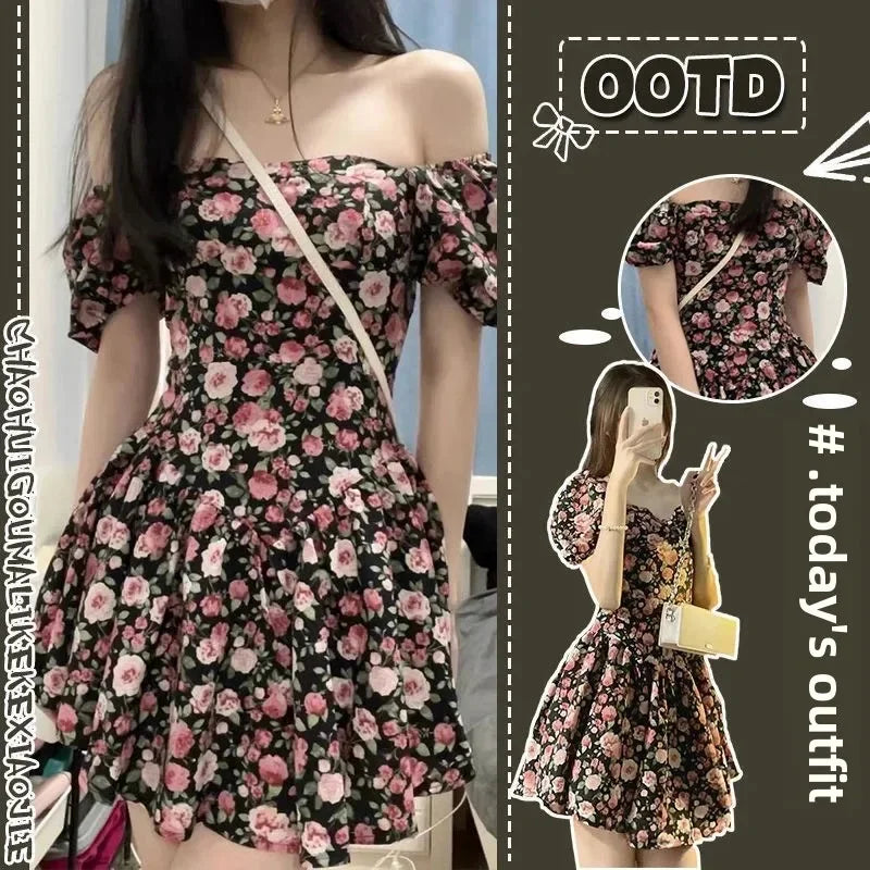 2025 New Short Mini Skirt French Style Bubble Sleeve Floral Dress Sexy Tea Break Small Stature Women Summer Dresses - Elanique