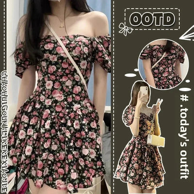 2025 New Short Mini Skirt French Style Bubble Sleeve Floral Dress Sexy Tea Break Small Stature Women Summer Dresses - Elanique