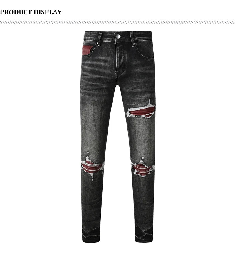 Fashionable new men's jeans with pleats, washed water, nostalgic perforations, red patches, men's black and gray jeans, high str