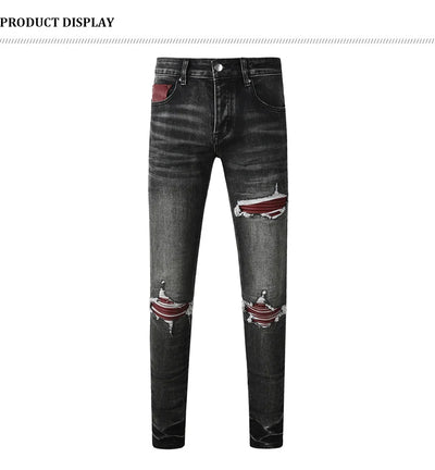 Fashionable new men's jeans with pleats, washed water, nostalgic perforations, red patches, men's black and gray jeans, high str