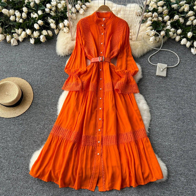 Retro Elegant Summer Stand Collar Flare Sleeve Single Breasted Lace Spliced Dress A-line French Evening Party Women Dresses